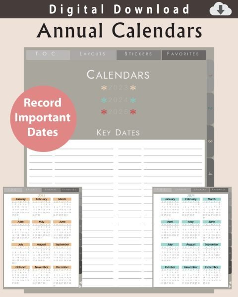Digital Notebook Annual Calendar Layouts