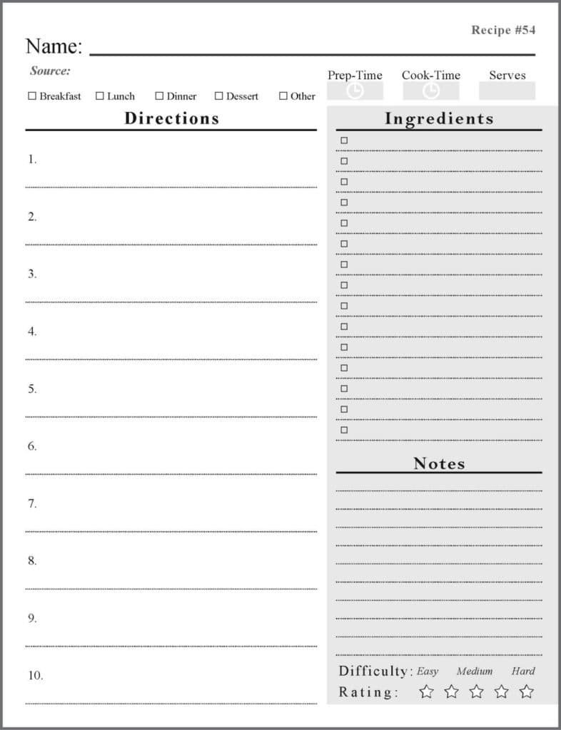 sample page of a blank recipe journal